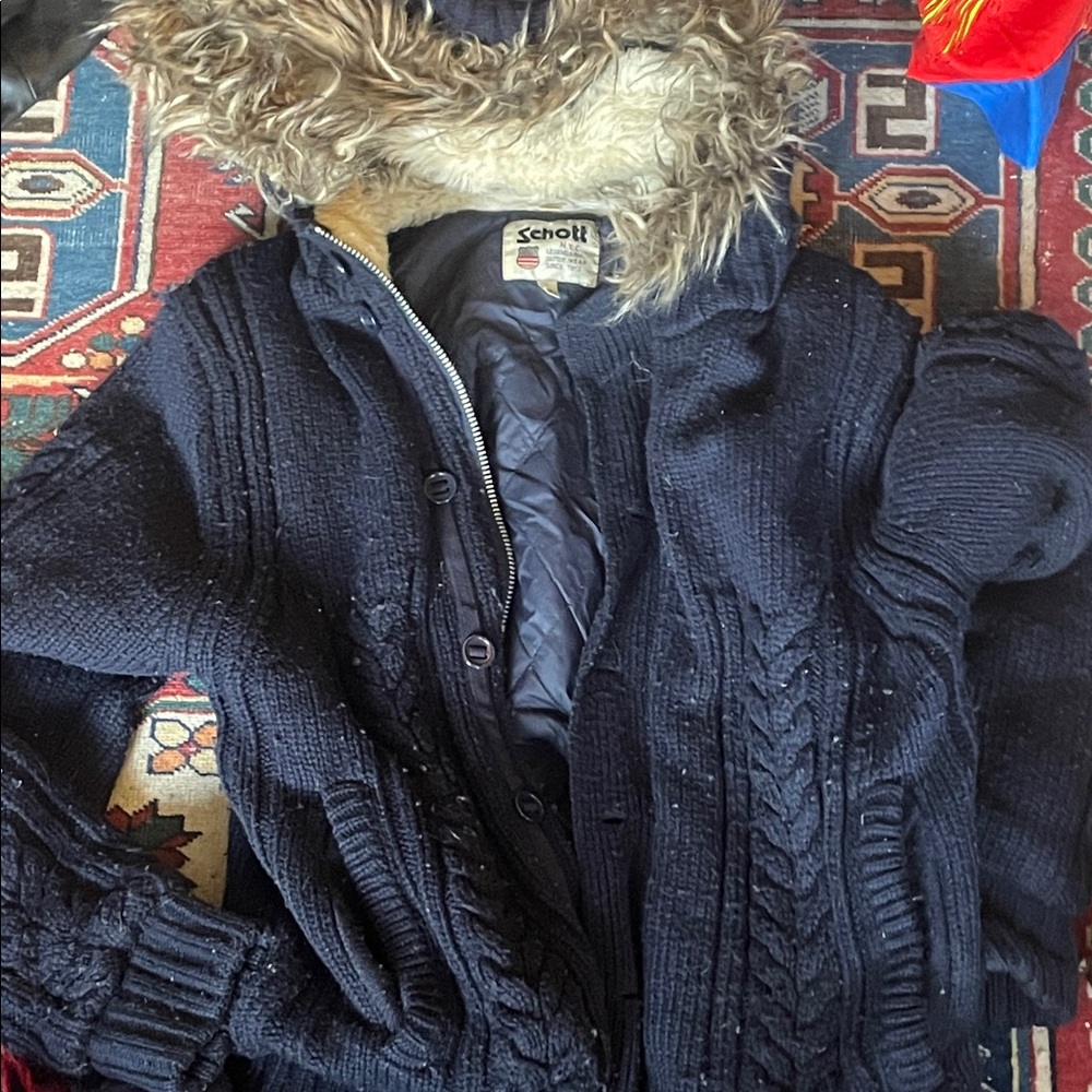 Schott NYC Navy Blue Jacket with Fur Hood